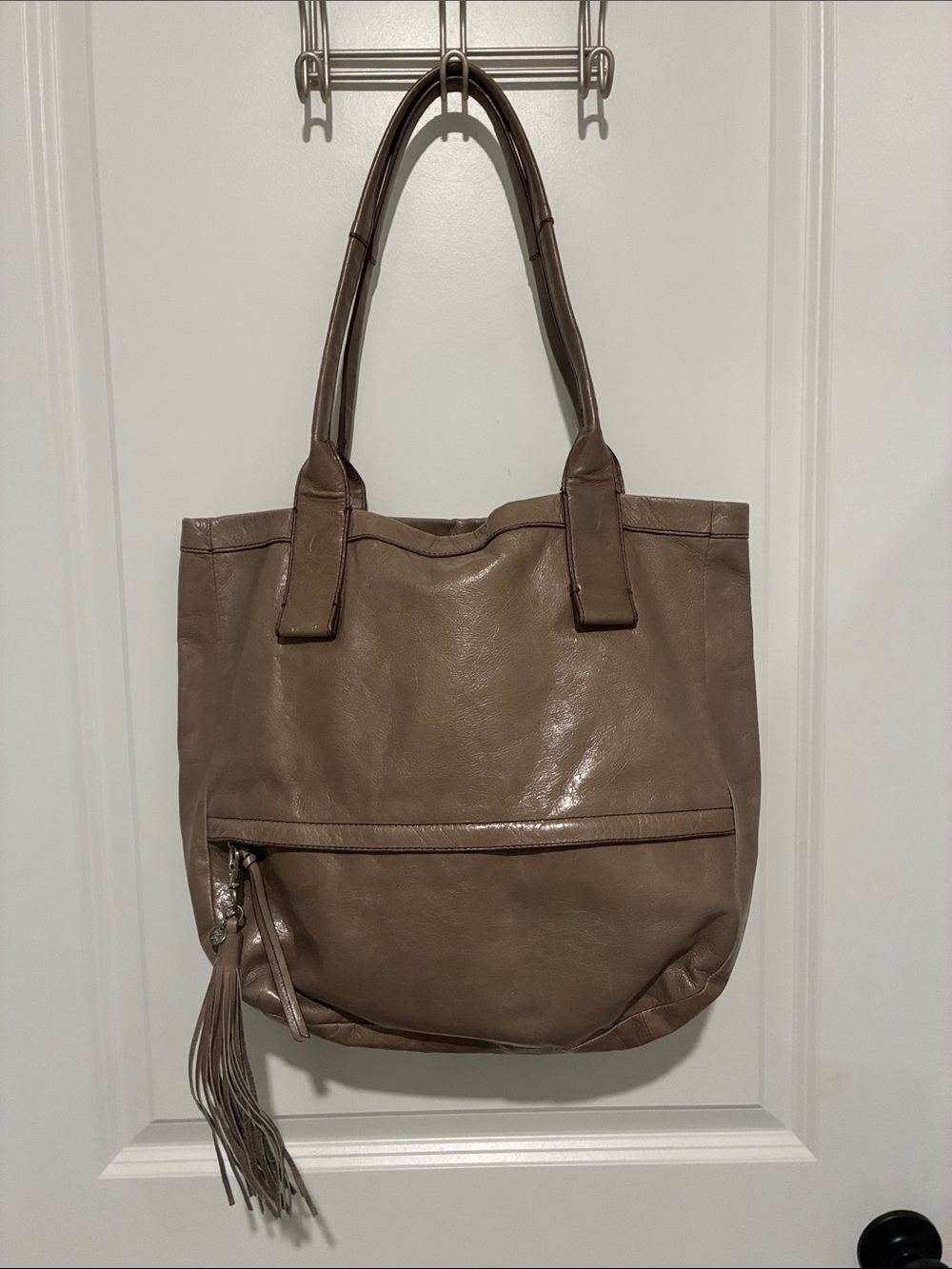 HOBO Taupe Leather Tote with Front Zip and Tassel